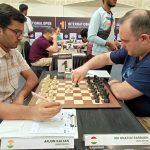 GM Amonatov Farrukh (black) playing against GM Arjun Kalyan (white) in the 10th round.