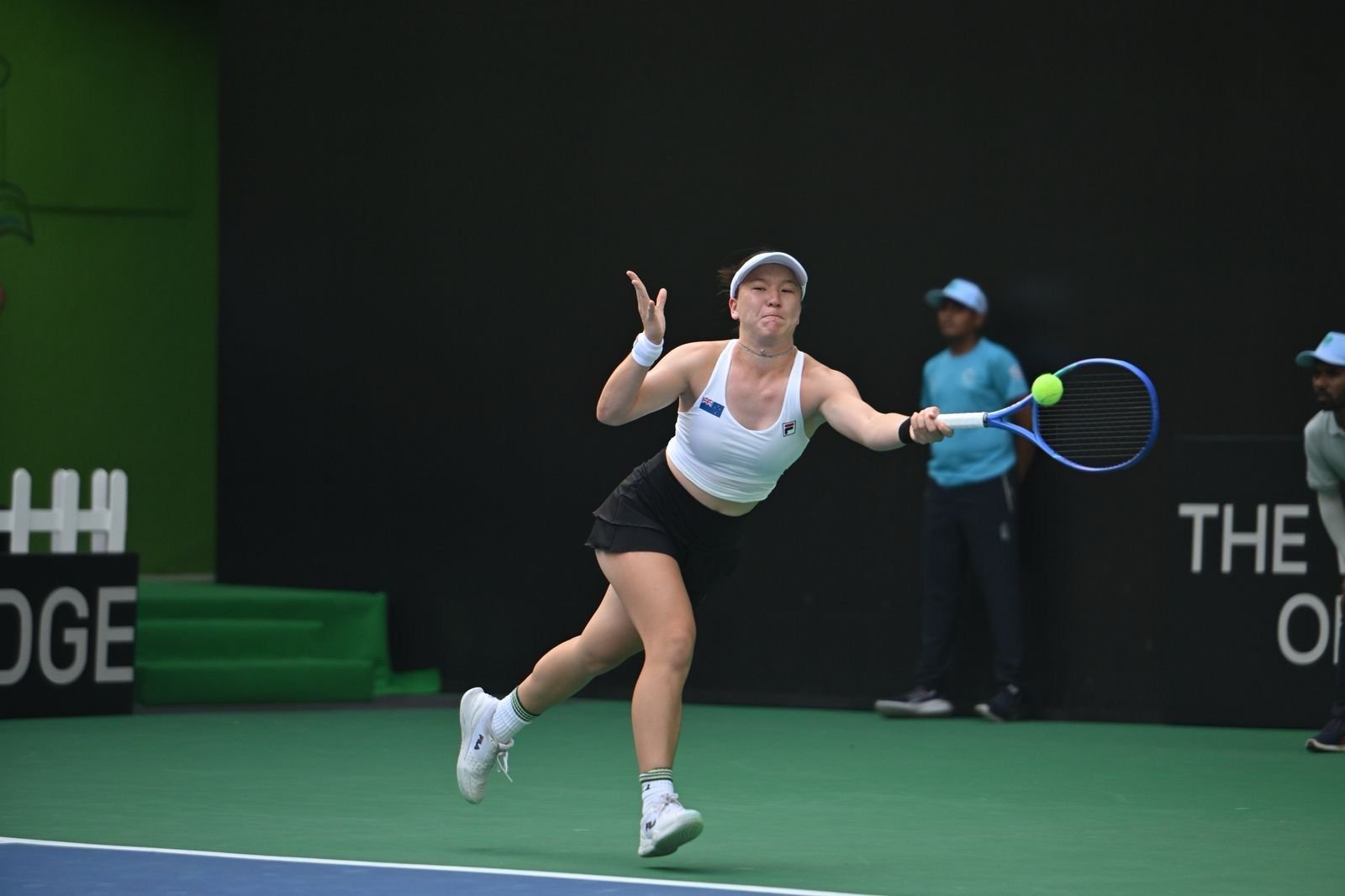 Lulu Sun of New Zealand in action at Balewadi tennis stadium on Tuesday.